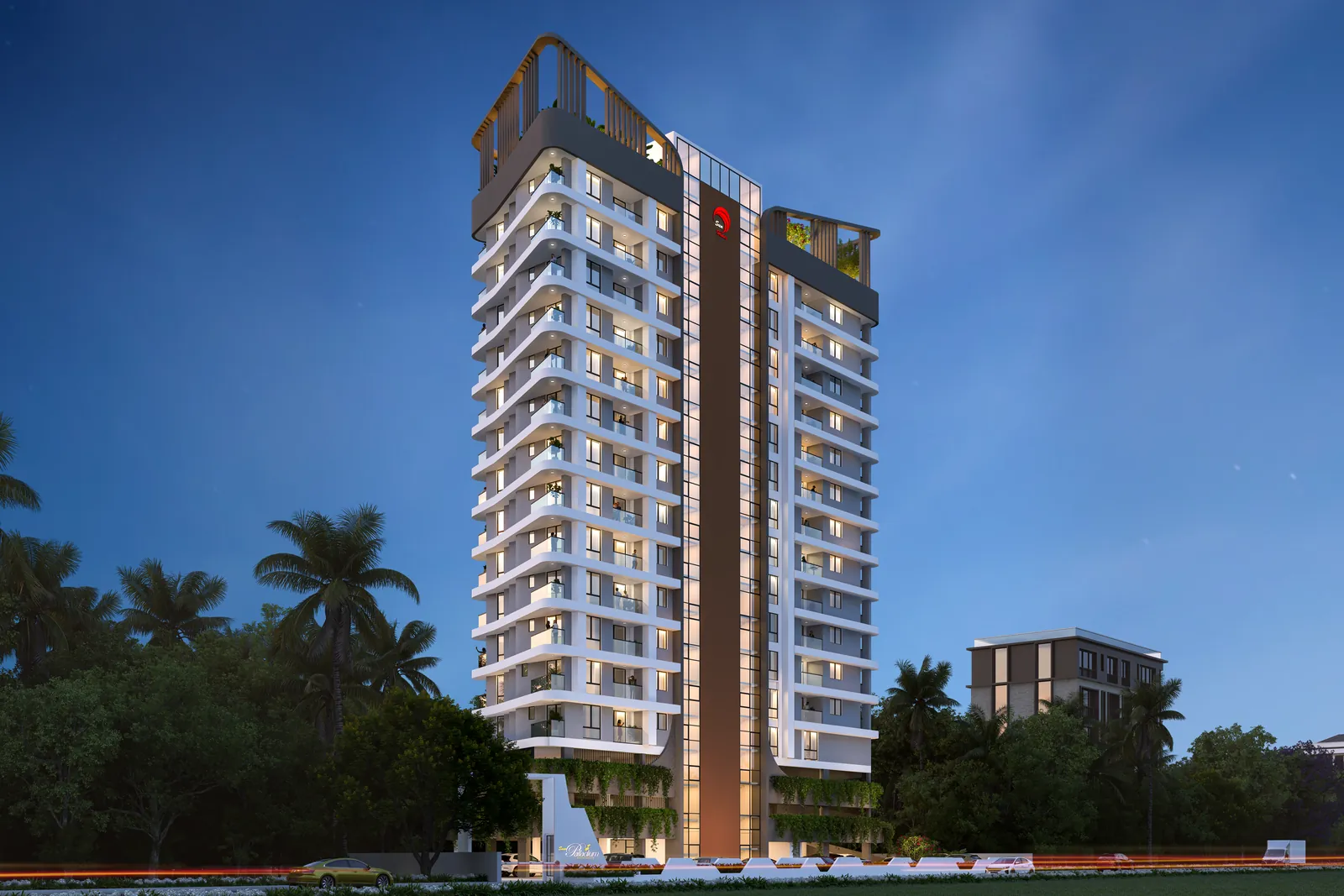 Sun Palladium at dusk: the 15 storey tower lit from within, seen across the approach.