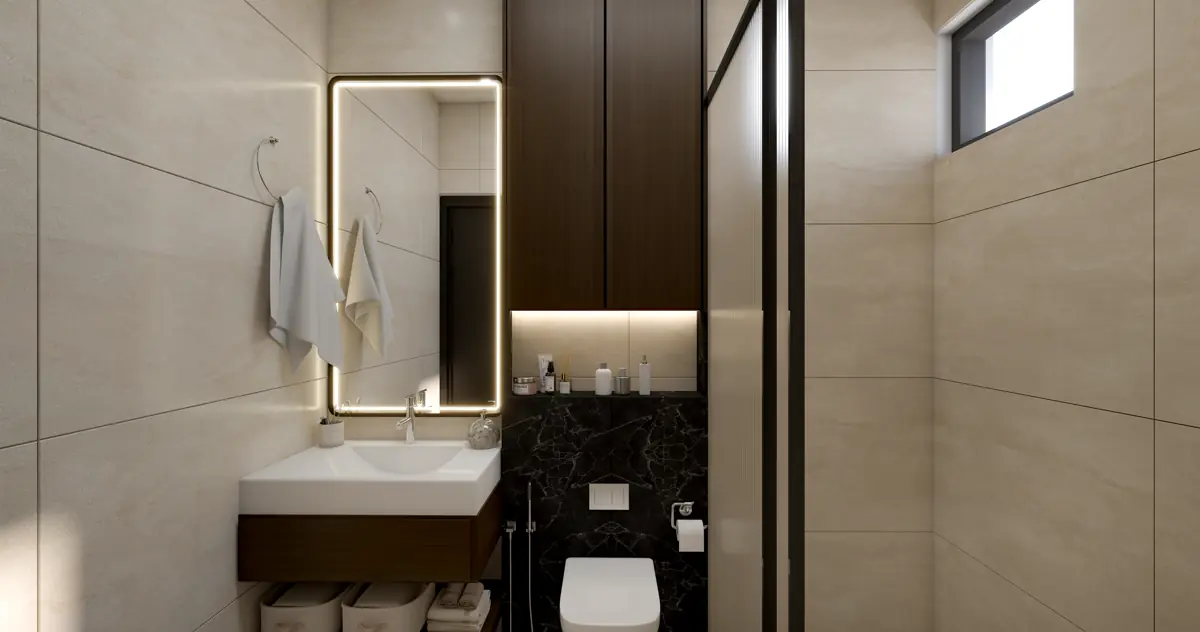 A bathroom with a wall hung basin on a stone counter, a backlit mirror and a glazed shower beyond.