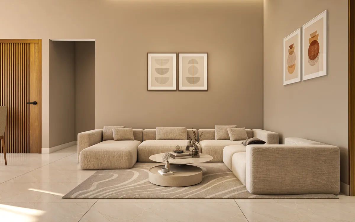 The living and dining space, open to a full height glazed wall with the balcony beyond, finished in pale stone and warm timber.
