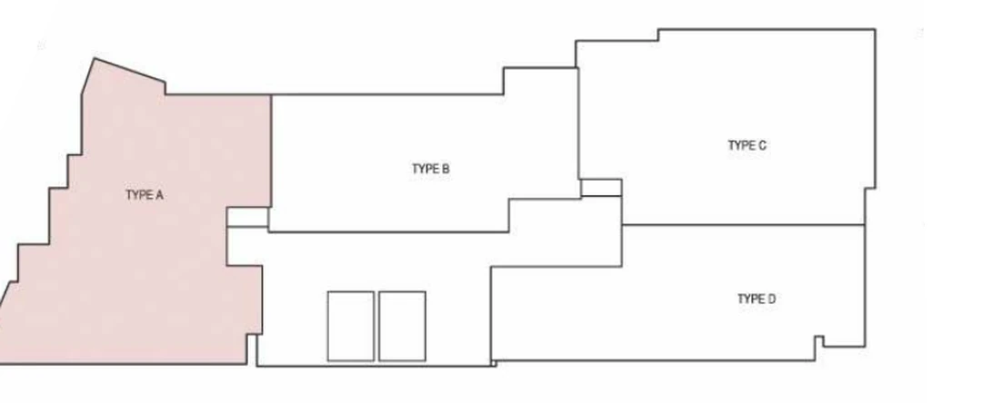 Floor plate with the Type A home shaded: it sits at the west end of the floor.