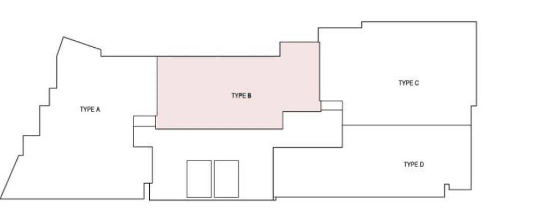 Floor plate with the Type B home shaded: it sits centre north, between Type A and Type C.