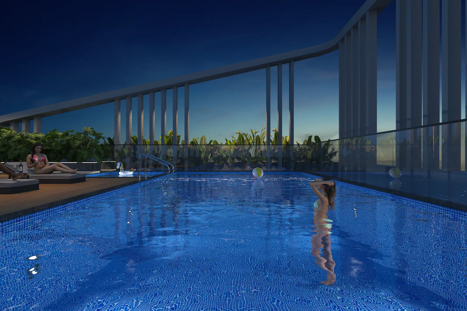 The rooftop swimming pool at dusk, with the city beyond it.